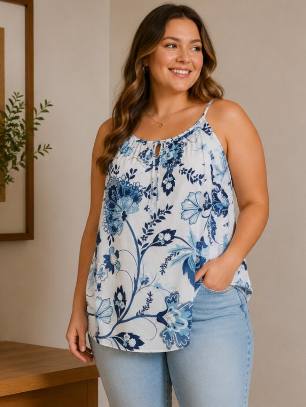 Blue Floral Spaghetti-Strap Tank Top